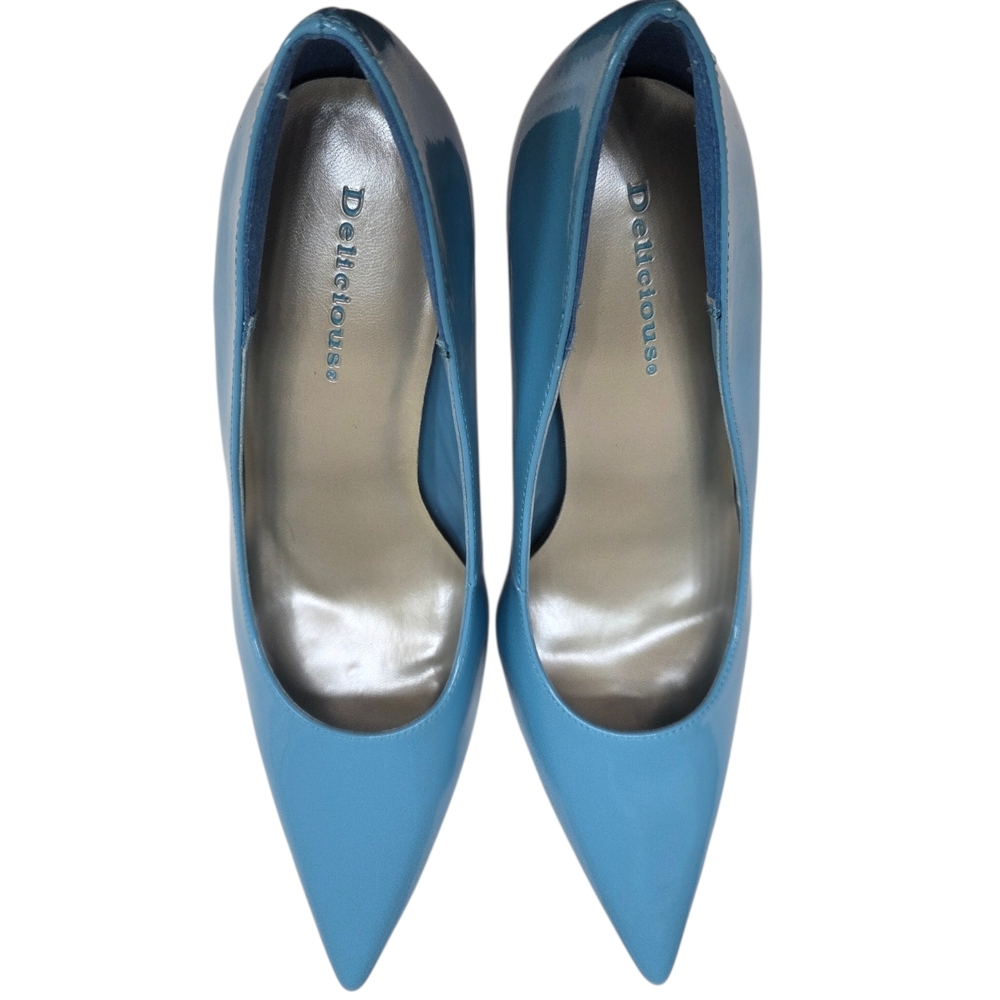 DELICIOUS Patent 4" Stiletto Heel Classic Pointed Toe Pumps Sz 8 Blue VTG NEW - Picture 3 of 16
